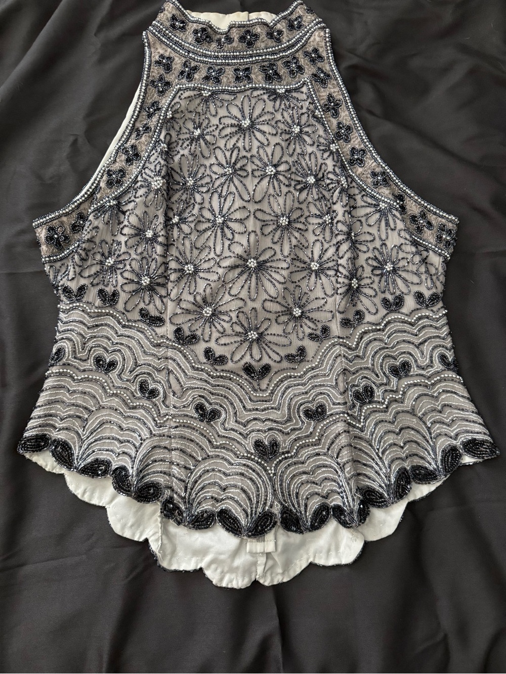 Vintage Beaded Halter Floral Silk Women's Top in Black and White